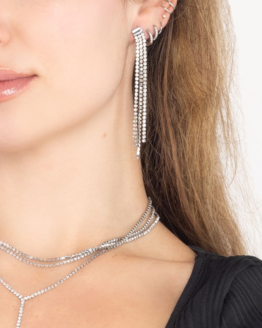 Pendiente Largo Strass Acero Plateado